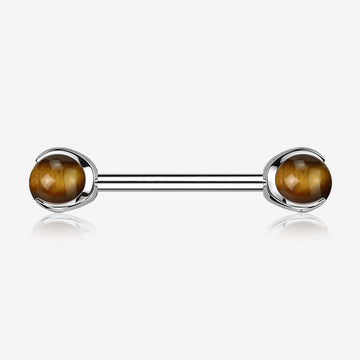 A Pair of Implant Grade Titanium Tiger Eye Stone Ball Claw Prong Internally Threaded Nipple Barbell